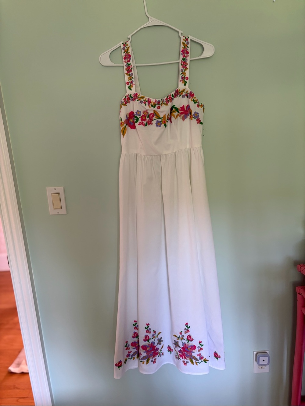 White Maxi Dress with Pink & Green Floral Embroidery